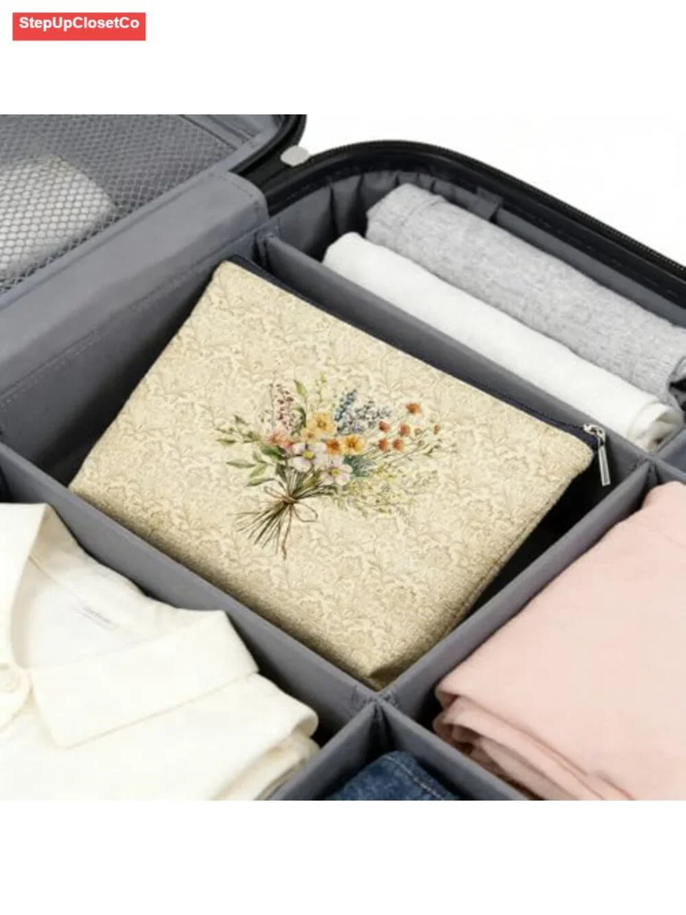 Vintage Floral Linen Makeup Bag with Zipper Pouch Cosmetic Travel Accessory